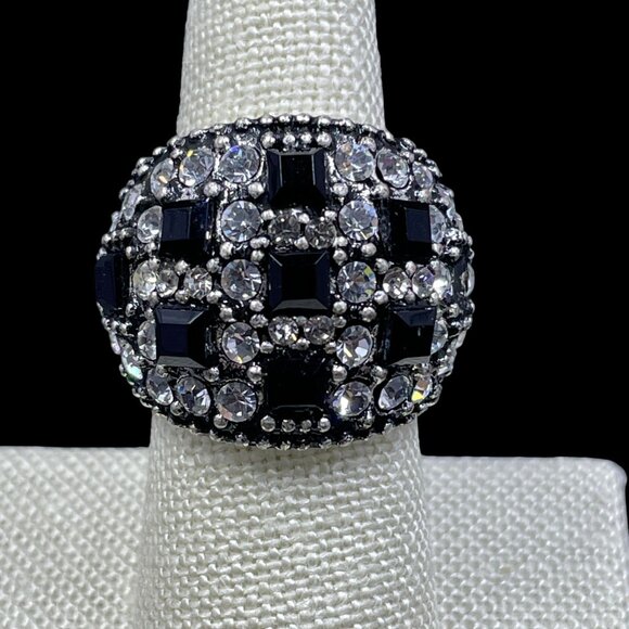 Swarovski Dome Ring Black White Crystal SZ7 Glam Statement Goth Whimsigoth Bling - Picture 4 of 8